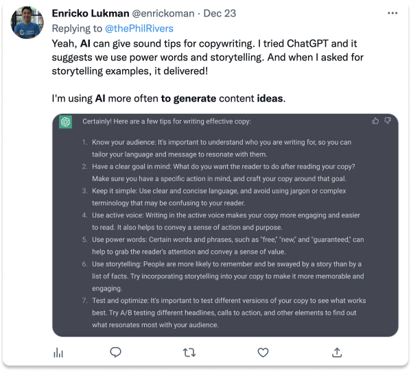 Enricko Luckman Twitter post about AI writing tools and ChatGPT