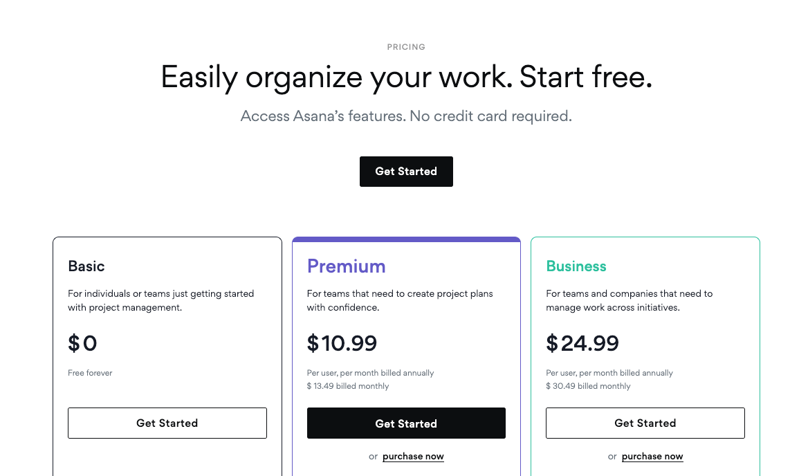 Graphic of the Asana Pricing page