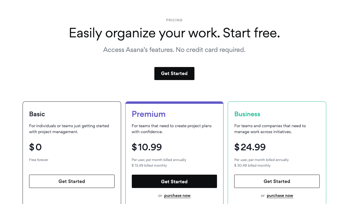 Asana product led with freemium plan and premium plans.