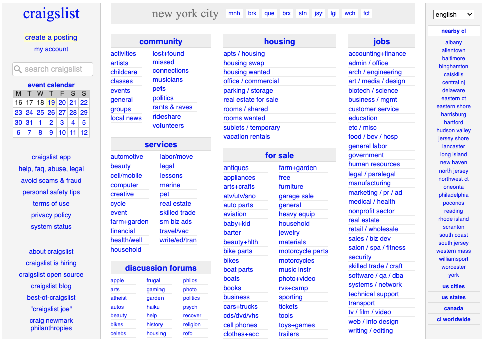 New York City Craigslist Landing Page