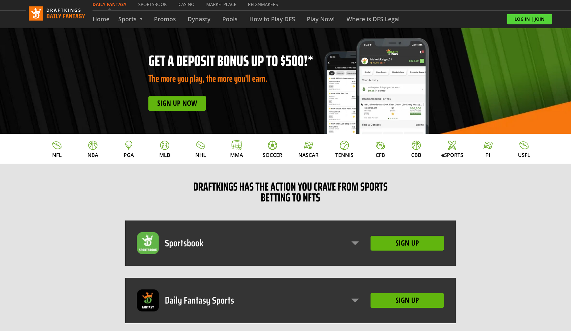 DraftKings Fantasy and Sportsbook Landing page