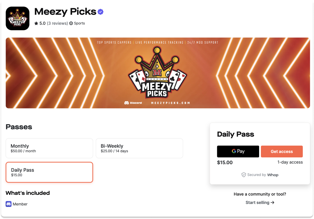 Buying access to Meezy Picks handicapper discord at the whop marketplace