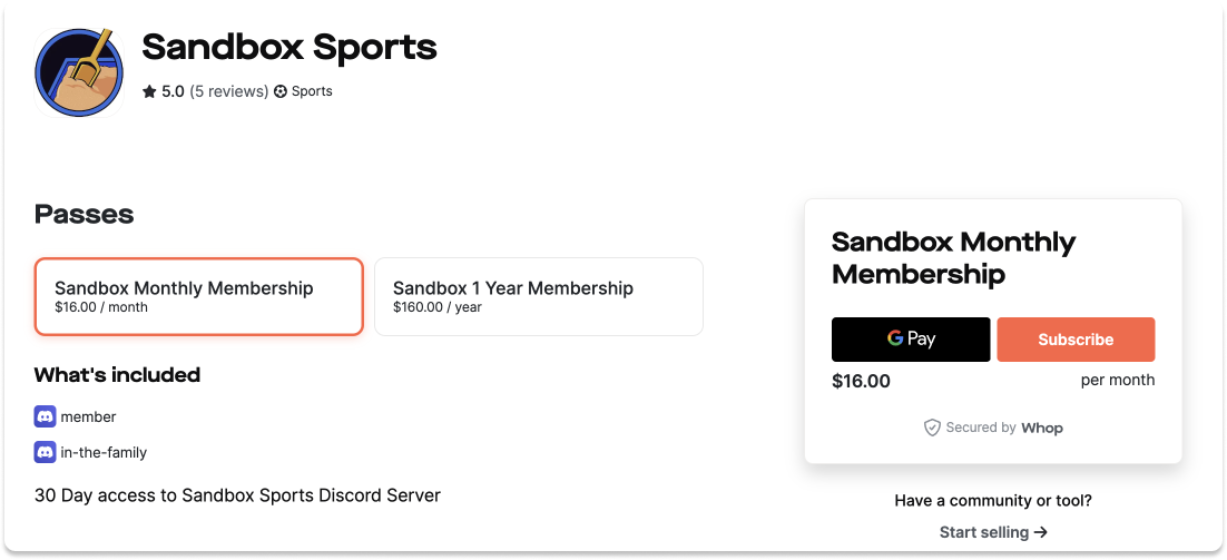 Sandbox Sports Discord Server membership at Whop