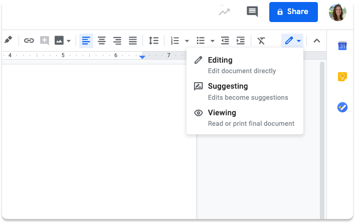 Editing, suggesting, and viewing collaboration features of Google Docs