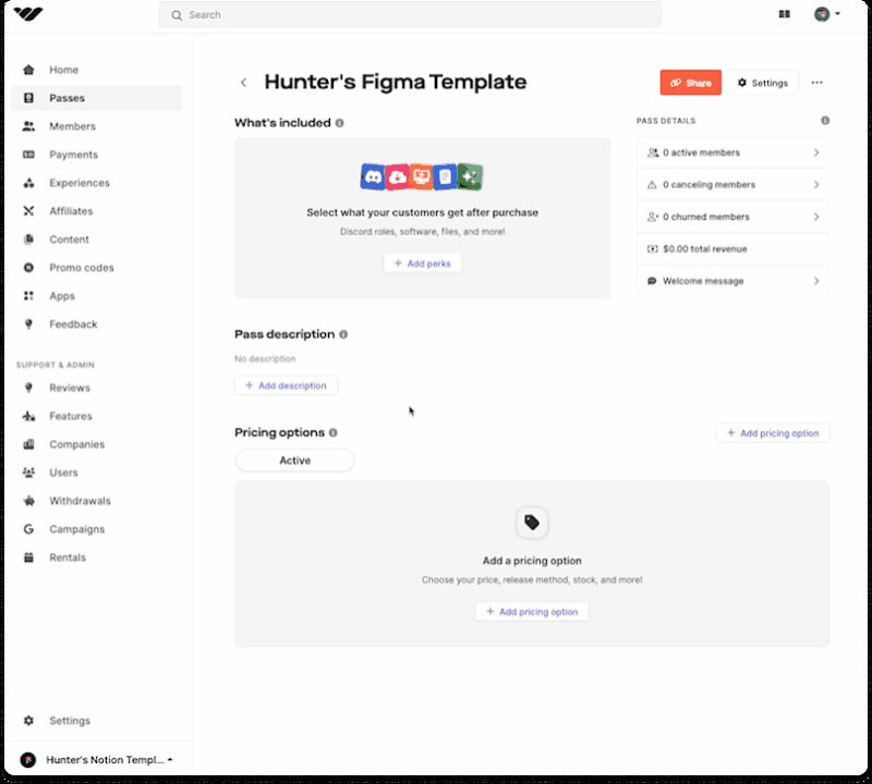 Setting a price for figma templates in the whop marketplace.