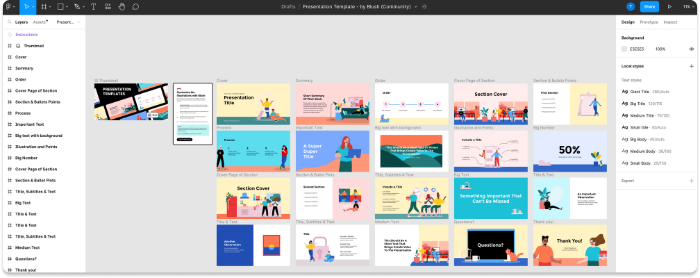 Sample of available presentation templates at Figma