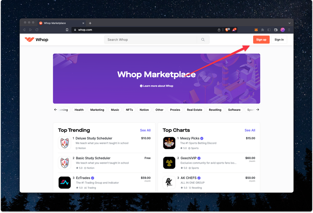 Sign up for a whop marketplace account