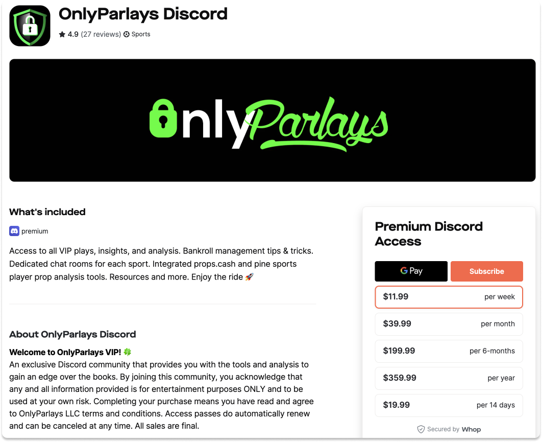 Only Parlays VIP plays and sports betting discord available at whop.com