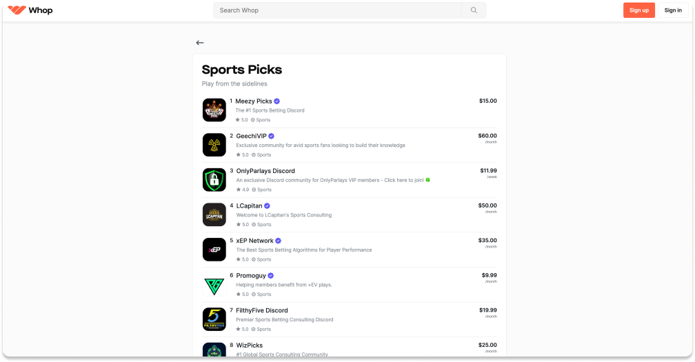 List of the sports betting discord servers on Whop.com