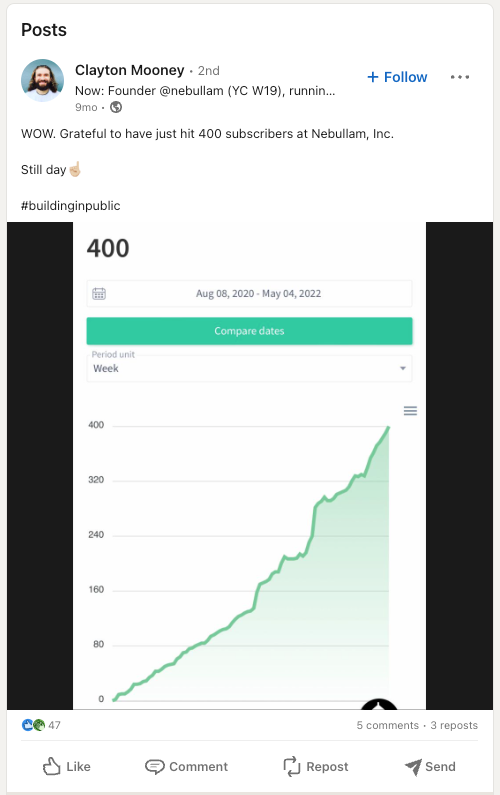 LinkedIn Post by Clayton Mooney of Nebullam talking about building in public.