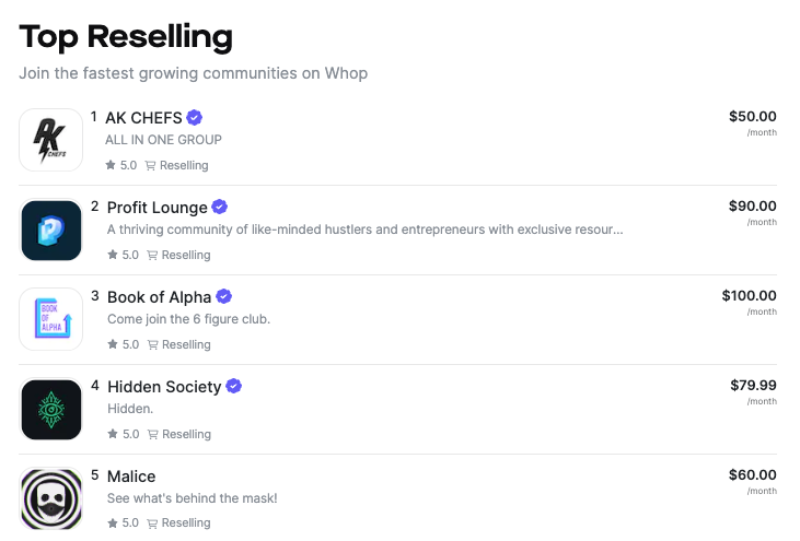 List of the 5 top reselling groups on Whop