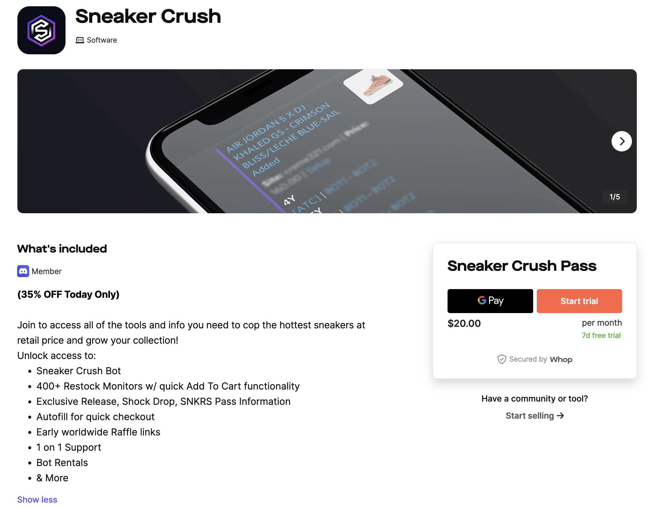 Sneaker Crush retail bot at Whop
