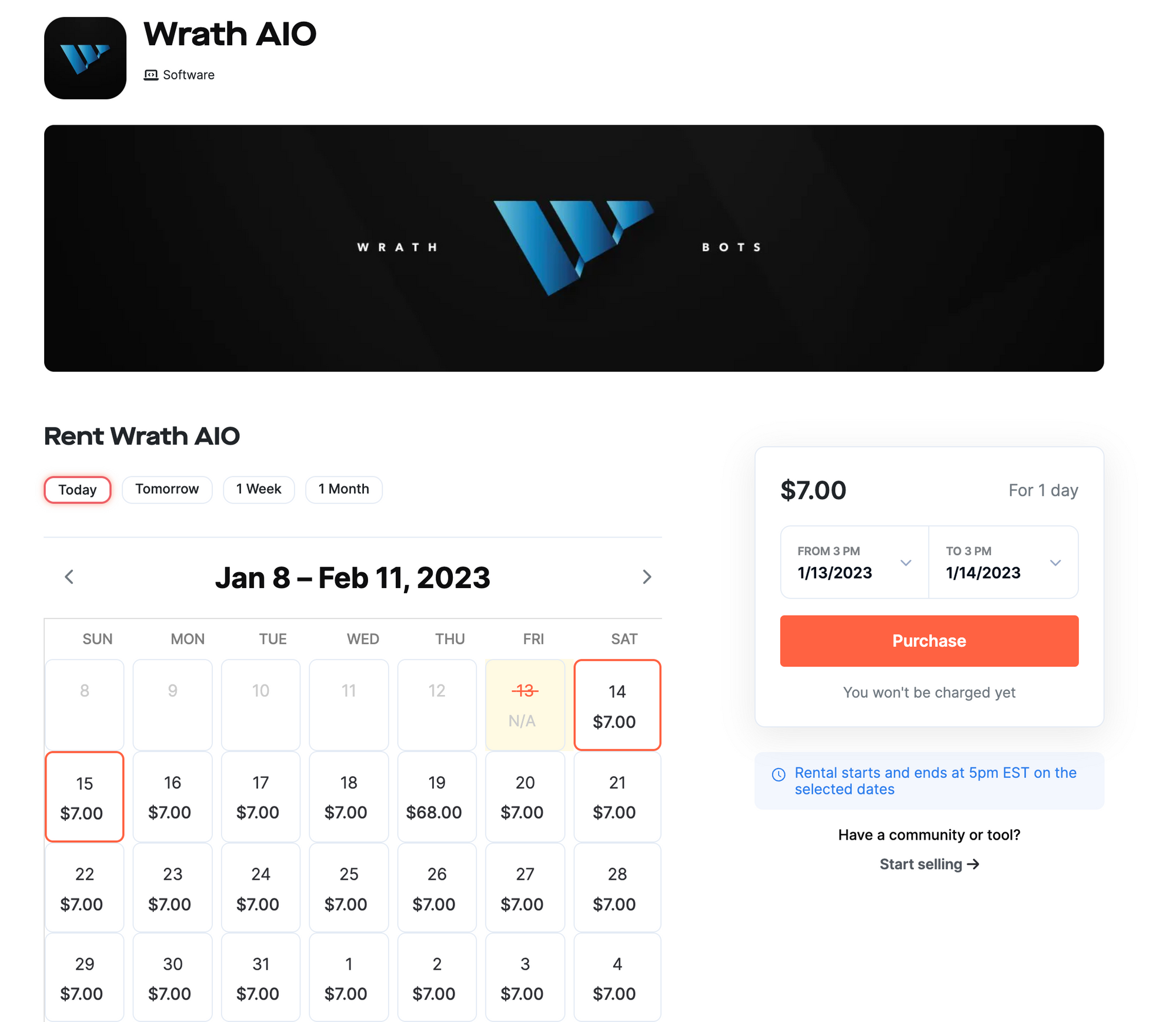 WrathAIO SneakerBot rental dashboard at Whop