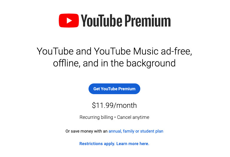 YouTube Premium Landing Page