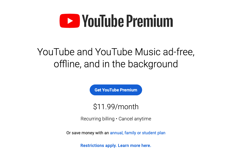 YouTube Premium Landing Page freemium 