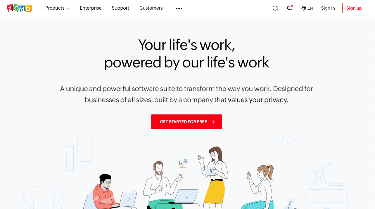 bootstrapped SaaS Zoho home page