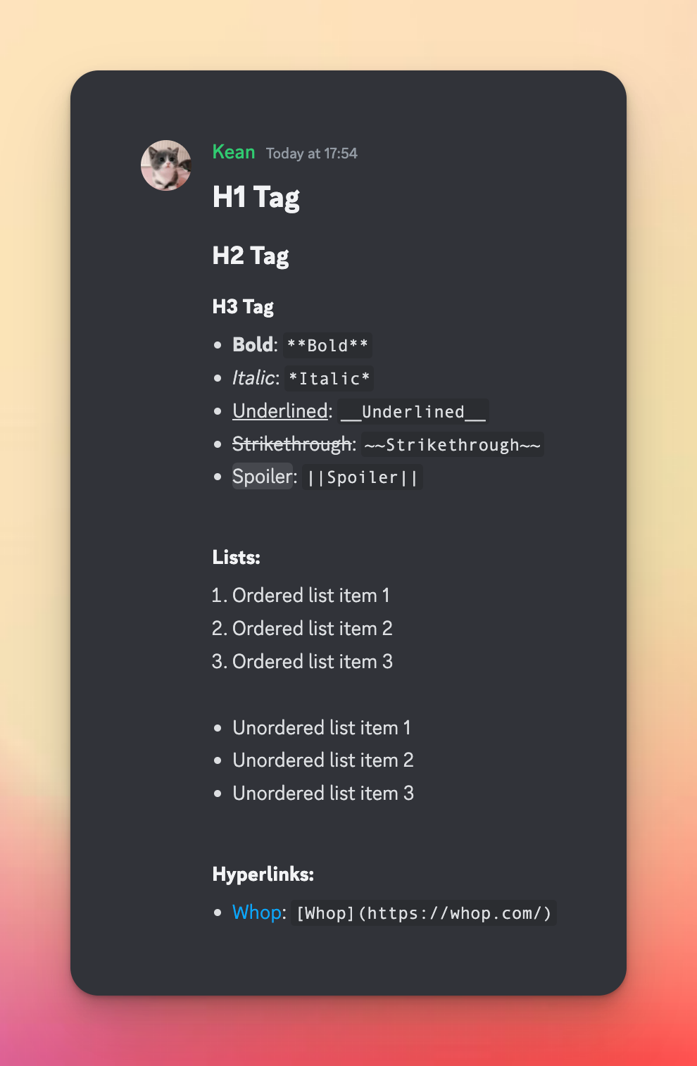 screenshot of using tags and lists in Discord markdown