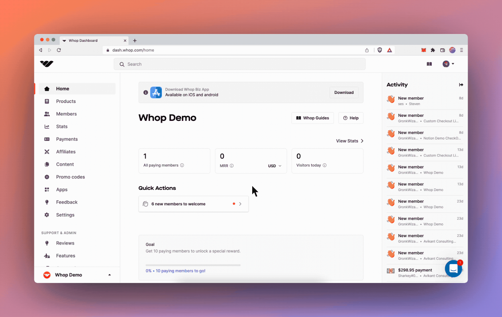 screenshot of whop affiliates demo