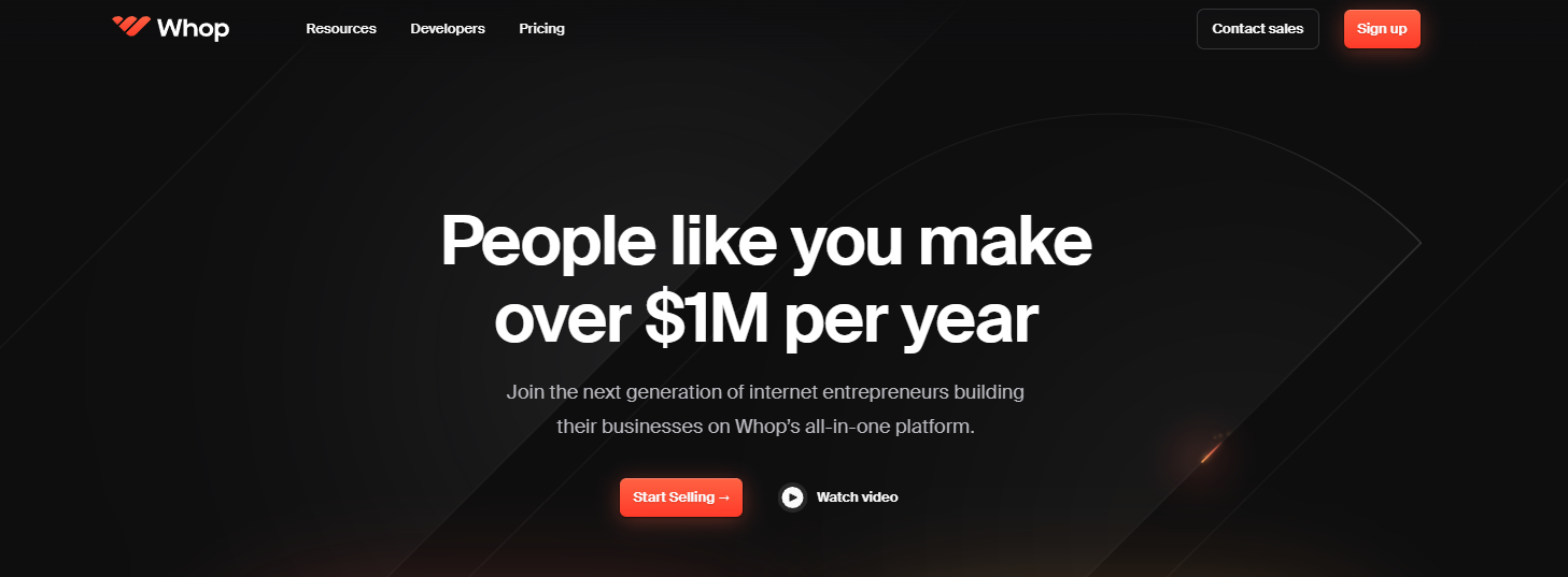 Whop's sell page is clear that it caters to entrepreneurs and tells visitors that directly