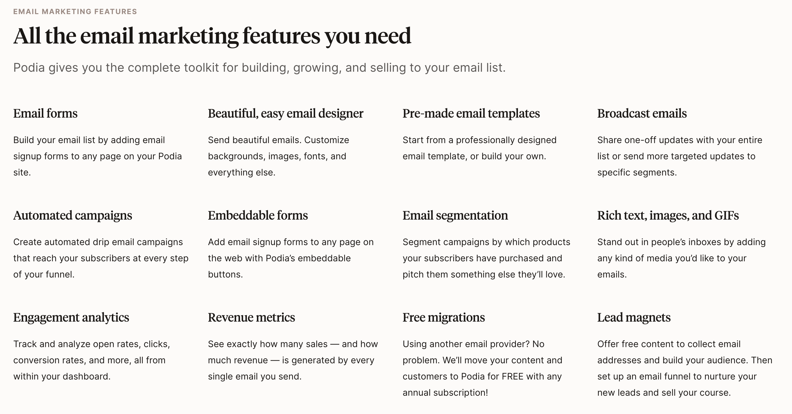 podia email features
