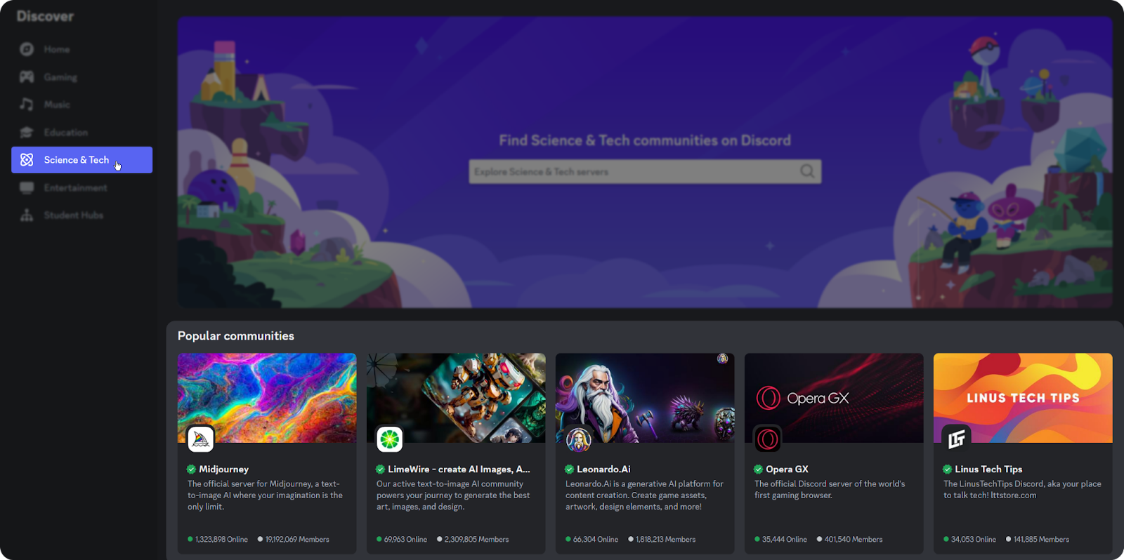 The Science & Tech category highlighted on the Discord Server Discovery