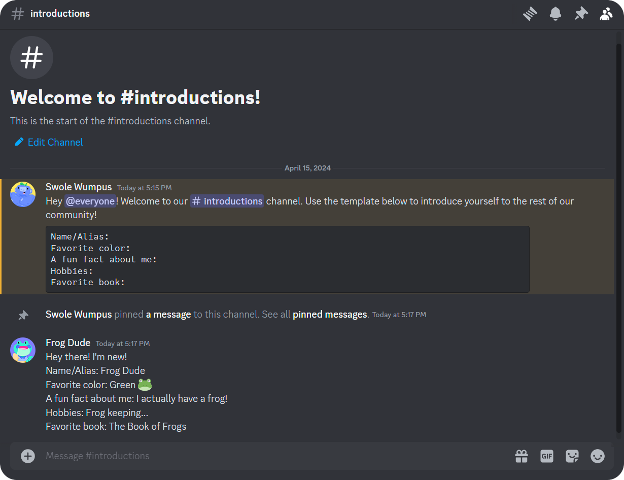 Discord introductions channel