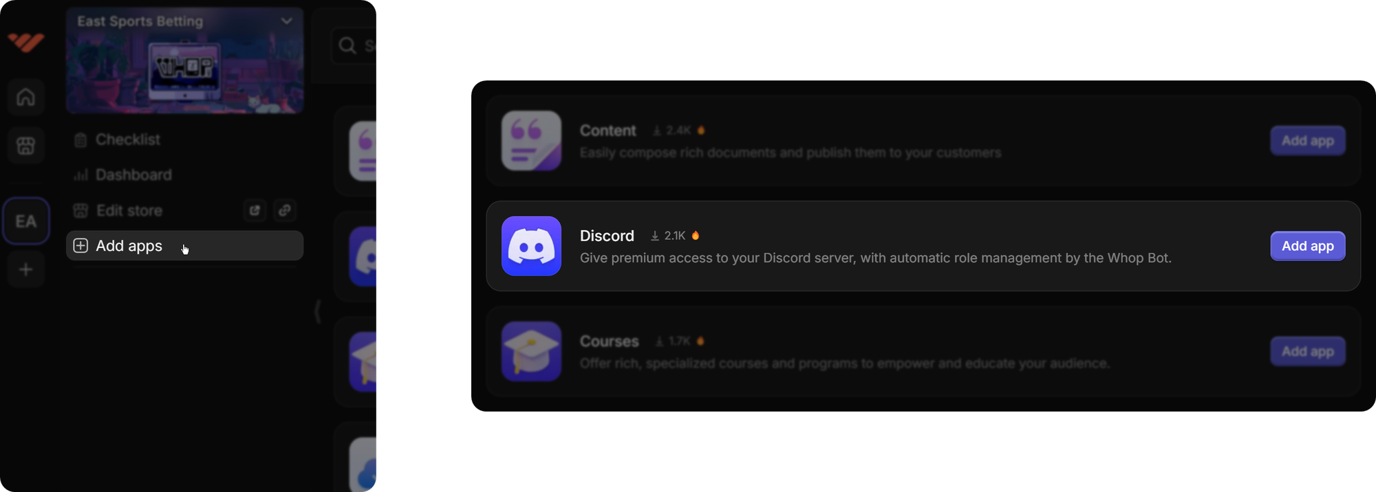 The "Add apps" button on the Whop Hub and the Discord app on Whop