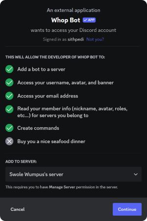 The Whop Bot's application request to add the bot to the Discord server