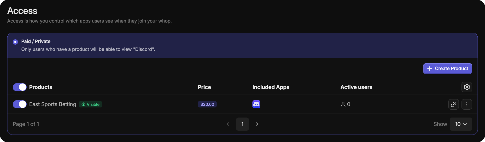 The access tab of the Discord app on the Whop Hub