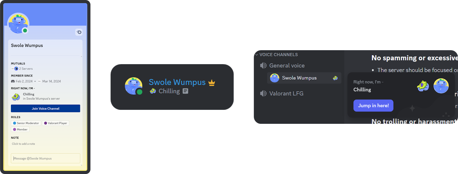 How Discord Hang Status looks on user profiles, member lists, and voice channels