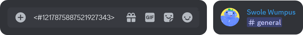 Example of the text channel mention formatting in Discord and its end result
