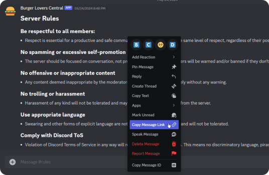 Highlight of Copy Message Link button in a Discord message's context menu (right-click)