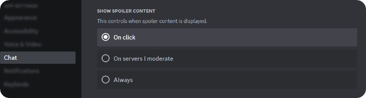 The Show Spoiler Content settings under the Chat section of Discord User Settings