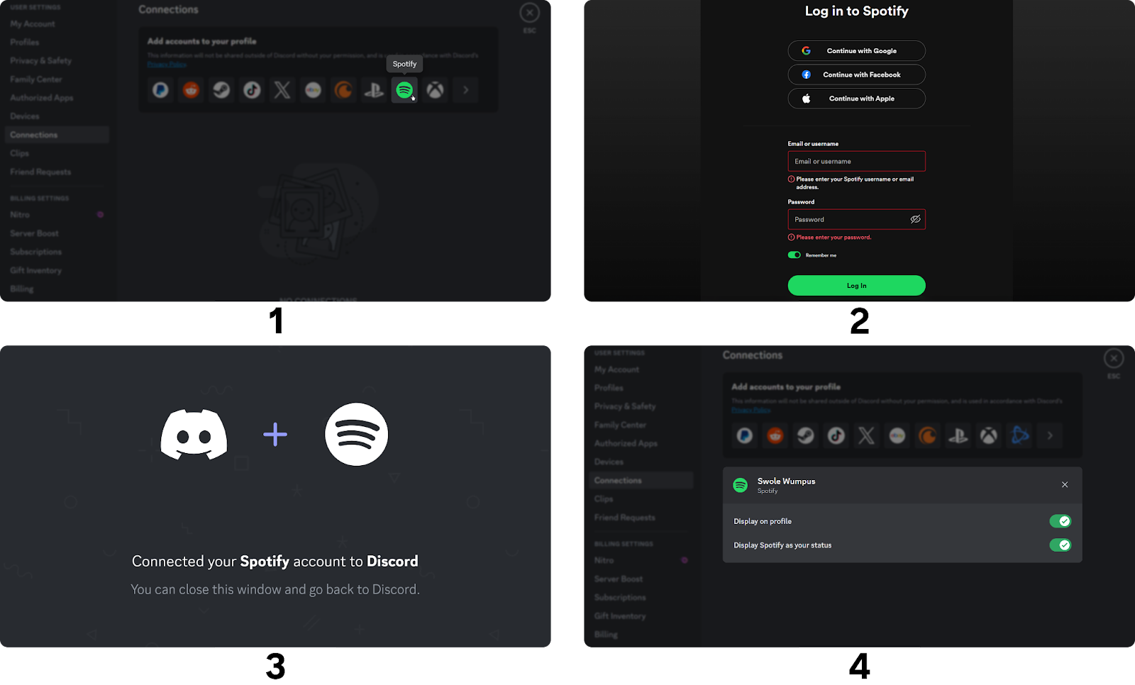 Steps of connecting a Spotify account to a Discord account on desktop