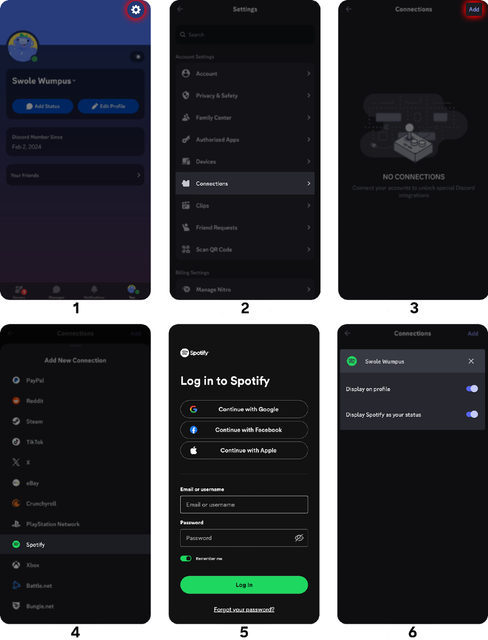 Steps of connecting a Spotify account to a Discord account on mobile