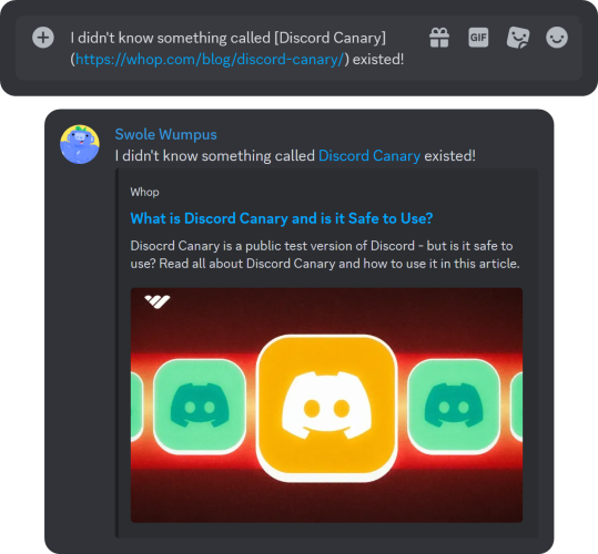 Example of the hyperlink formatting in Discord and its end result