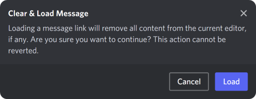 The Clear & Load Message confirmattion message in Discohook