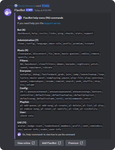 The result of the /help command of FlaviBot detailing the bot's commands