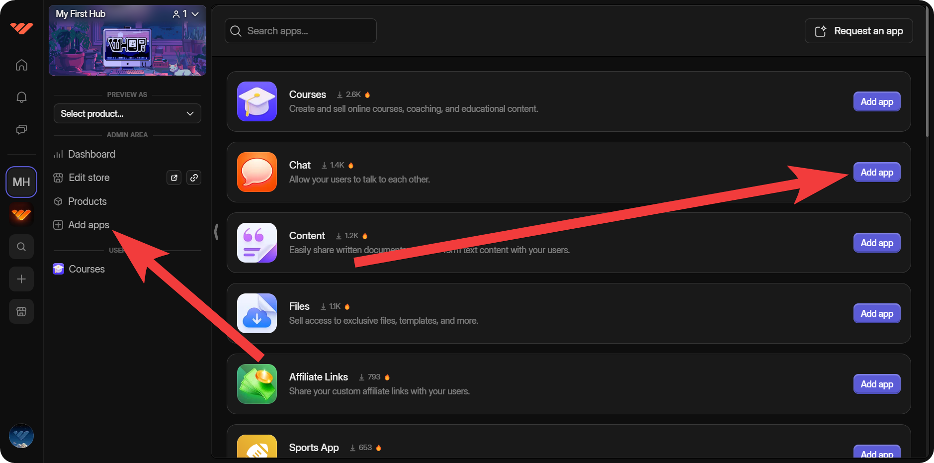 The Chat app's Add app highlighted on the Add apps section of a whop