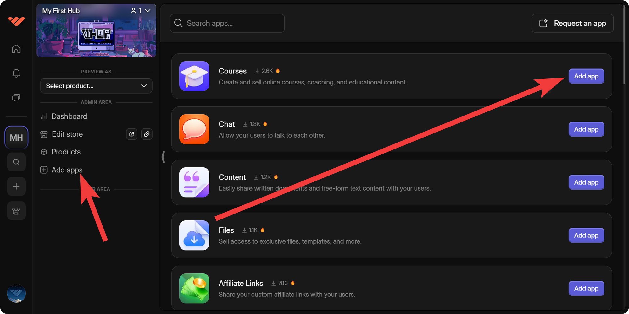 The Add apps section of a whop with the Add app buttons highlighted