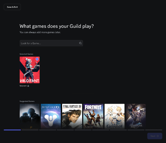 First step of Guild creation on Discord - choosing which games the Guild focuses on