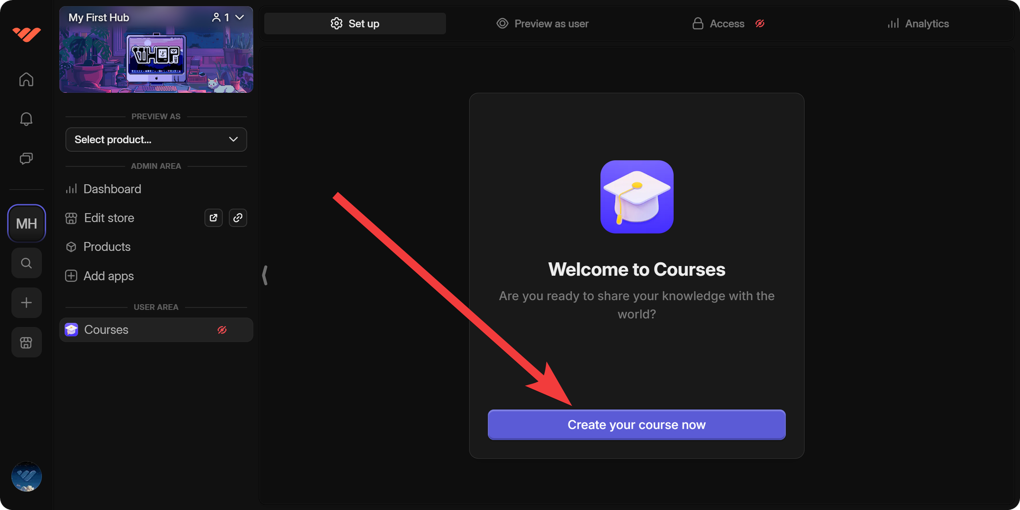 The first step of adding the Courses app to a whop