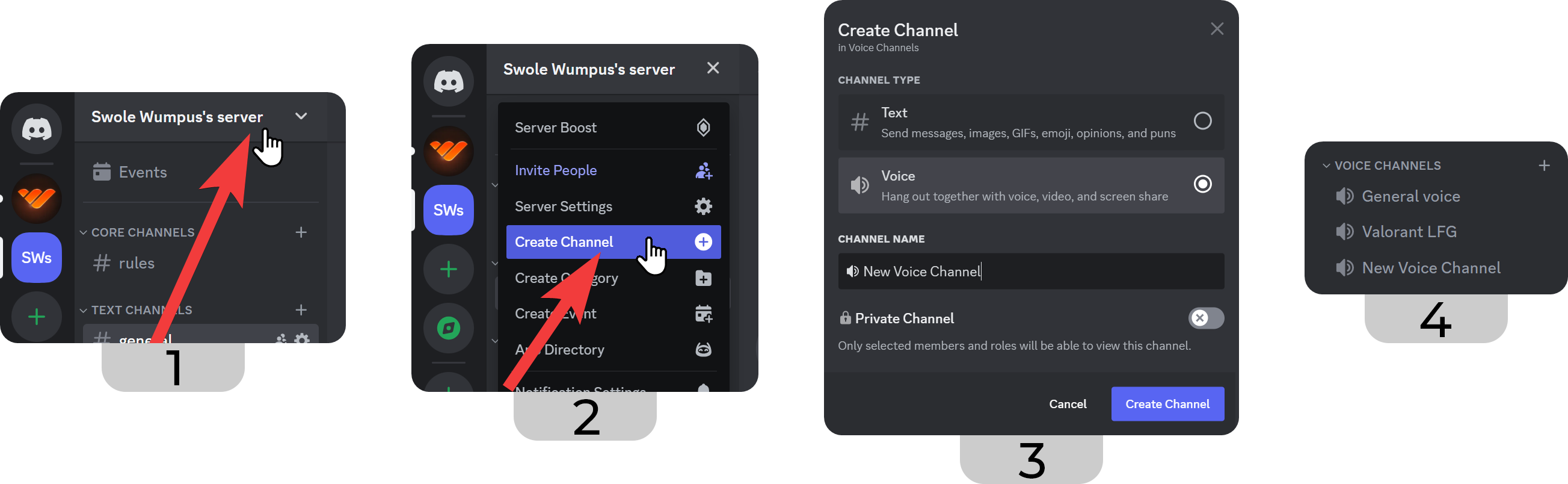 Steps of creating a voice channel on Discord desktop