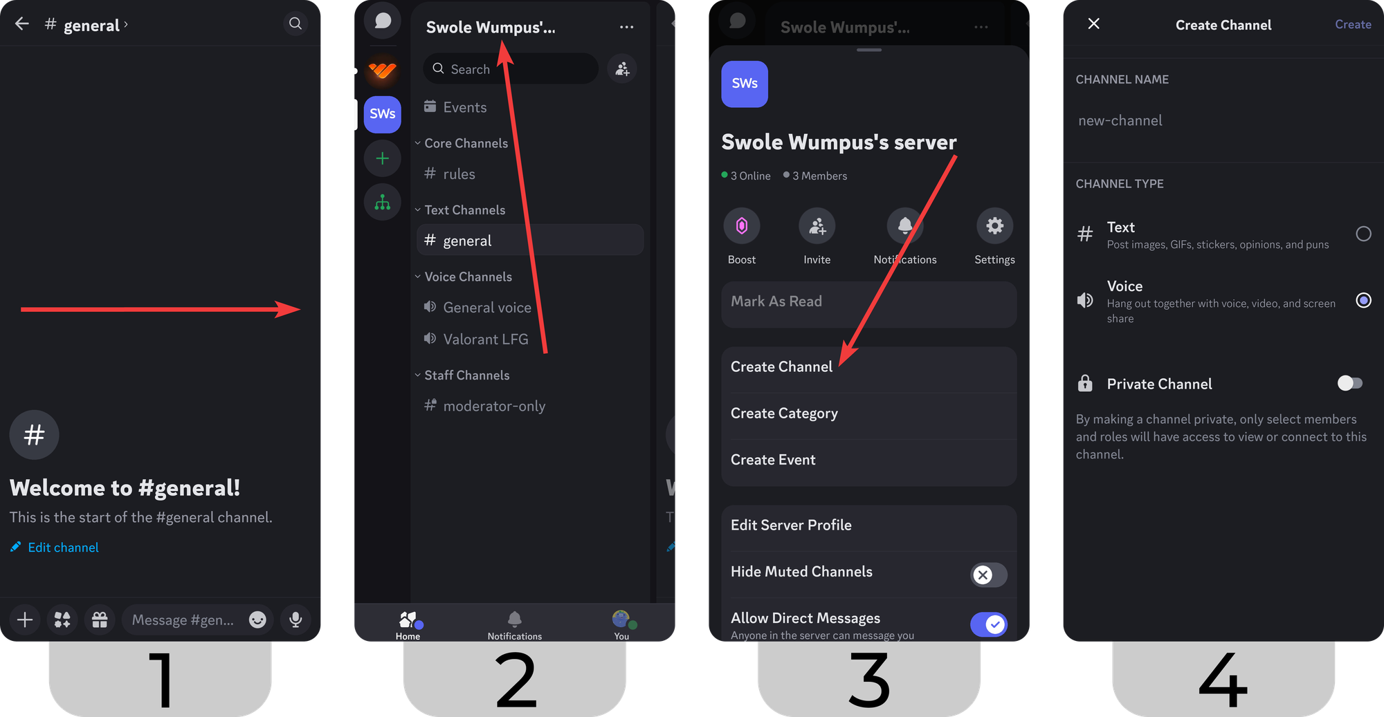 Steps of creating a voice channel on Discord mobile