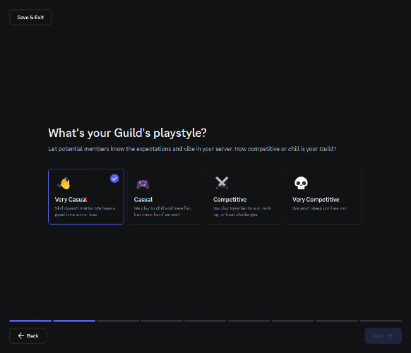 Second step of Guild creation on Discord - choosing the Guild's playstyle