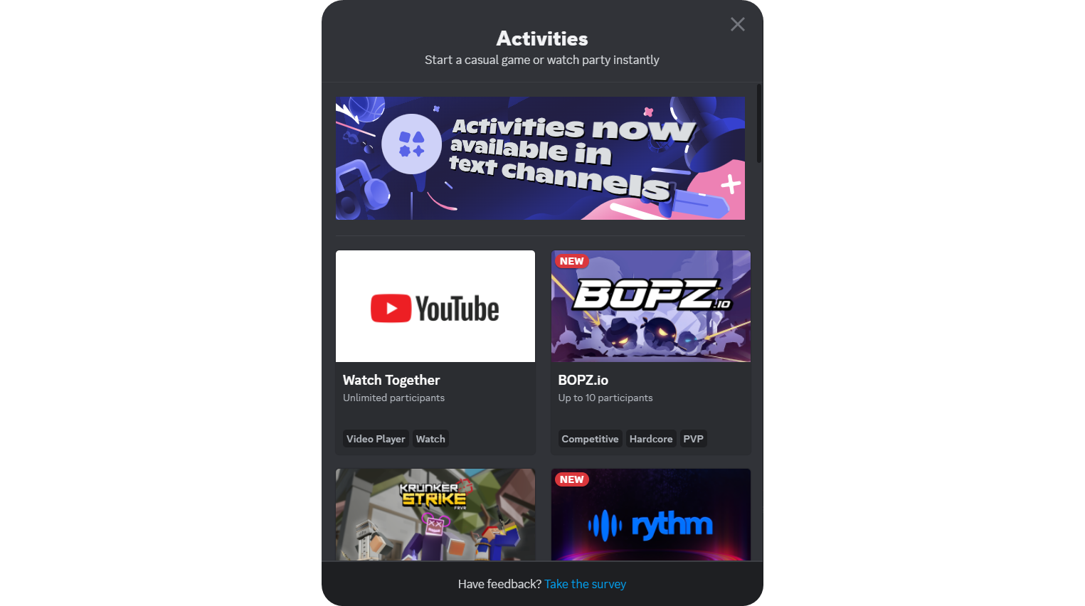 The Activities pop-up on Discord