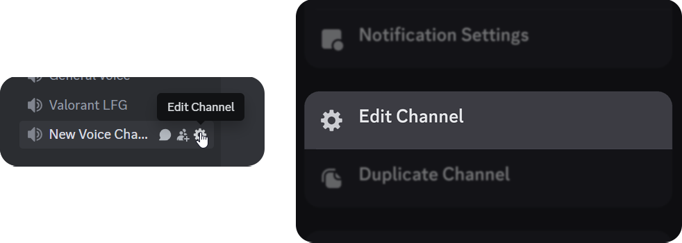The channel edit buttons on Discord desktop (left) and mobile (right)