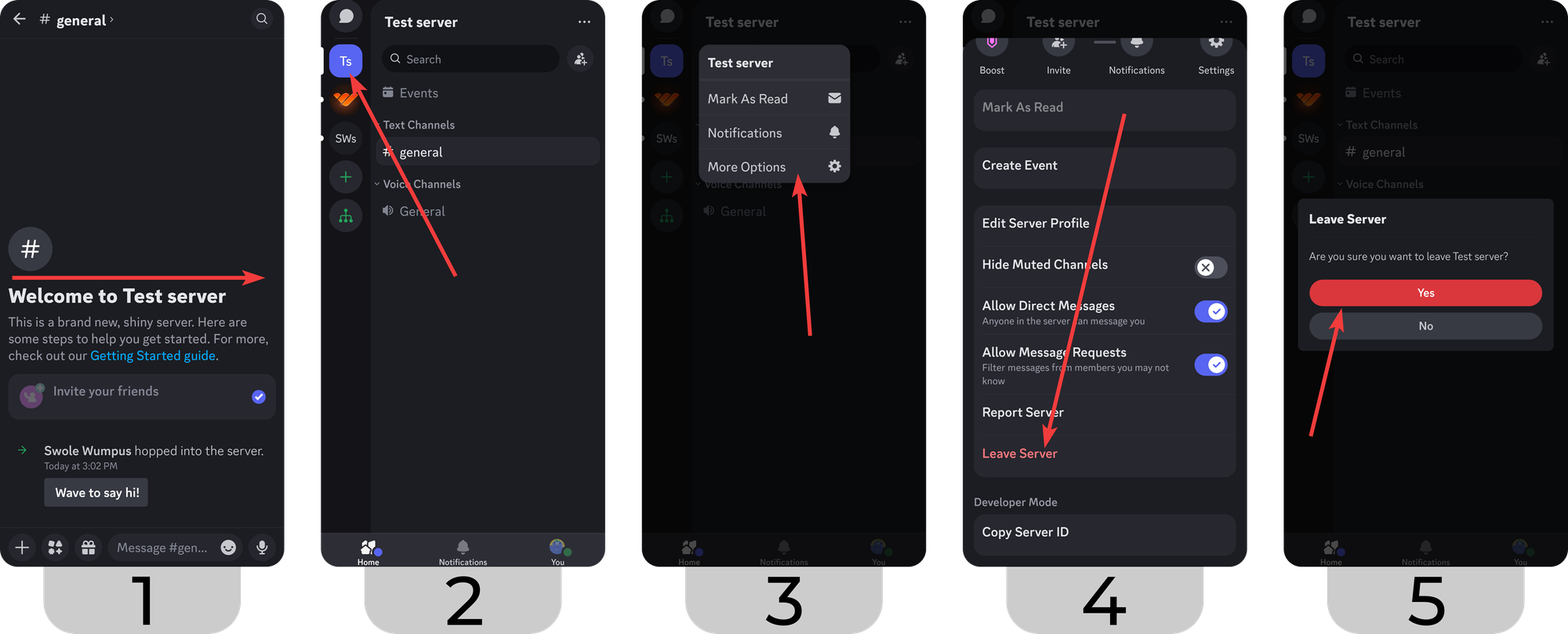 Steps of leaving a server using the hold method on Discord mobile