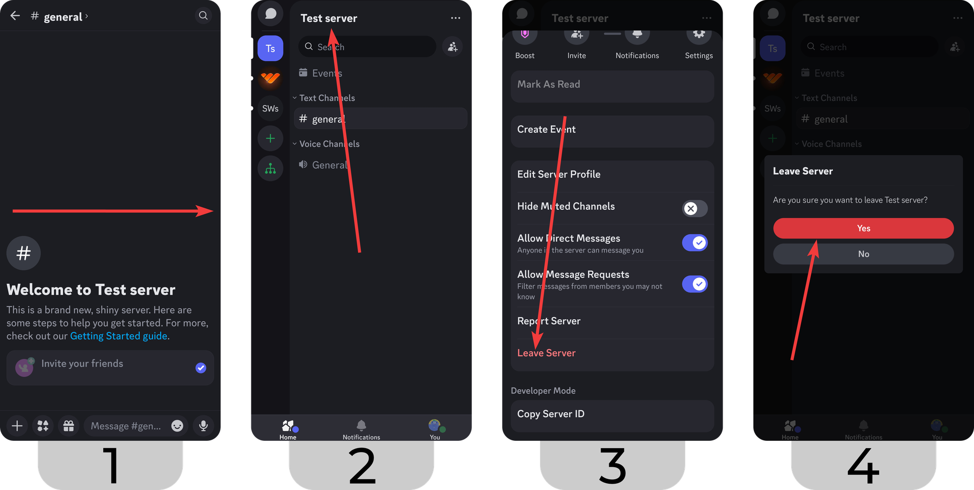 Steps of leaving a server using the server context menu method on Discord mobile