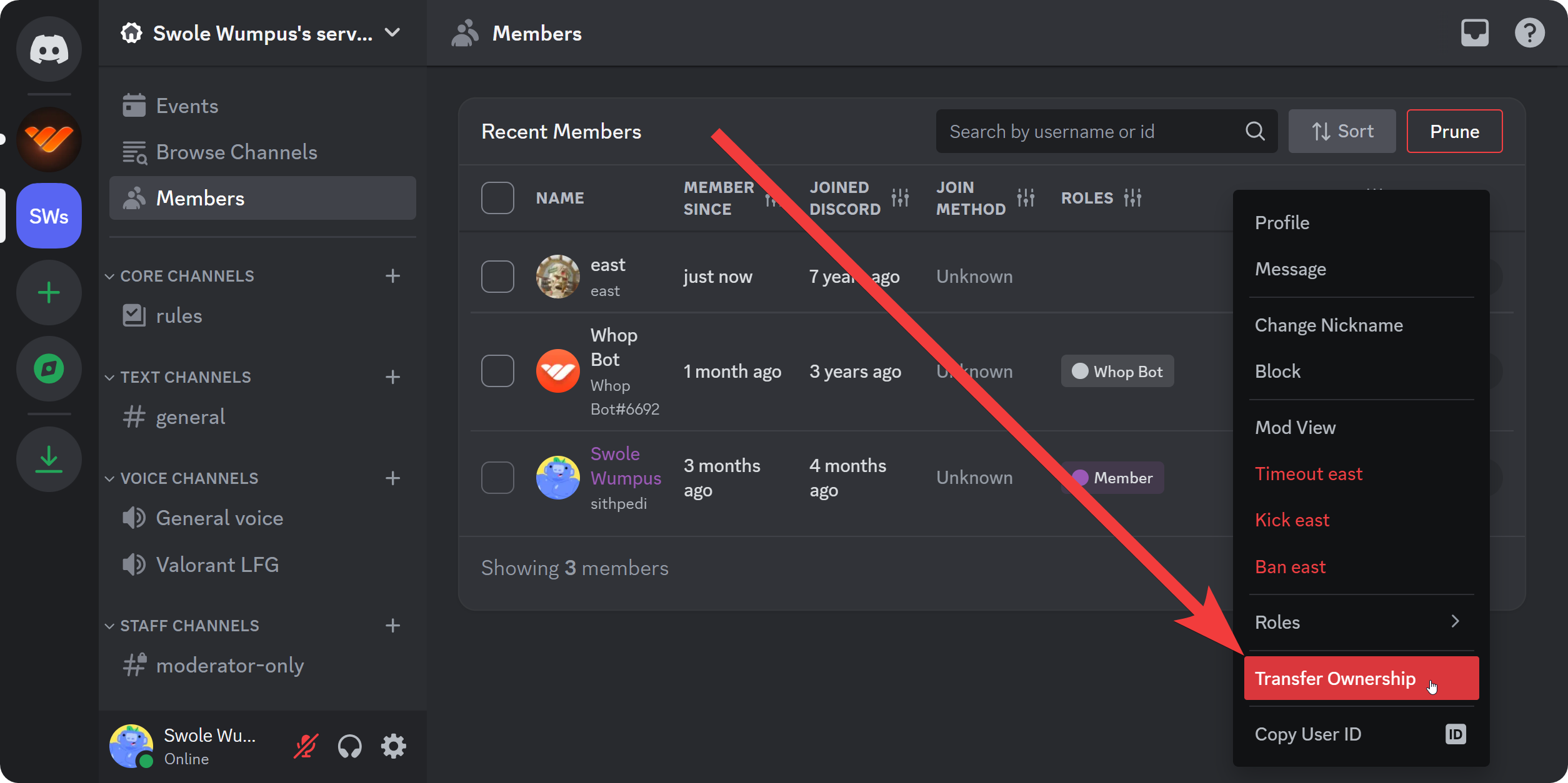The Transfer Ownership button on the desktop version of Discord